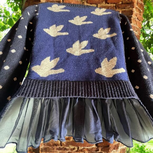 Anthropologie Leifnotes Blue Black White Bird Flying Sweater Cardigan Size XS - Picture 7 of 12